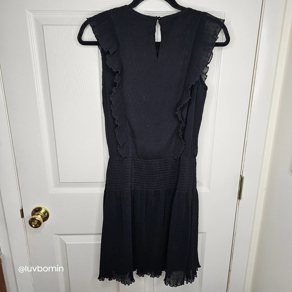 Promod Sz 6 Women's Black Ruffle Detail Elastic Waistband Dress Polka Dot French - Picture 4 of 5